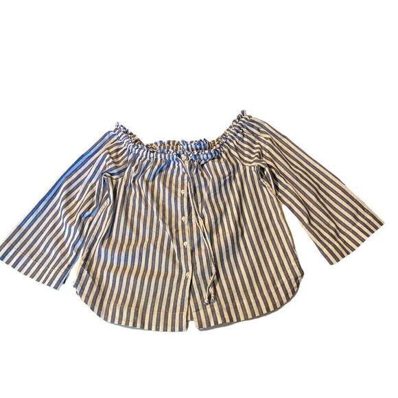 Madewell navy button Stripe Off Shoulder Top nautical blouse preppy coastal S - Picture 2 of 9